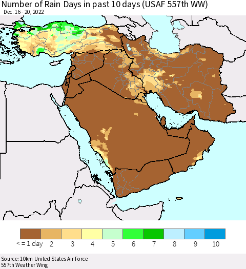 Middle East and Turkey Number of Rain Days in past 10 days (USAF 557th WW) Thematic Map For 12/16/2022 - 12/20/2022