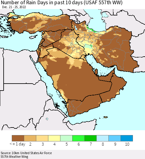 Middle East and Turkey Number of Rain Days in past 10 days (USAF 557th WW) Thematic Map For 12/21/2022 - 12/25/2022