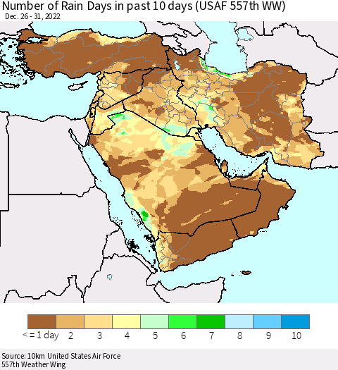 Middle East and Turkey Number of Rain Days in past 10 days (USAF 557th WW) Thematic Map For 12/26/2022 - 12/31/2022
