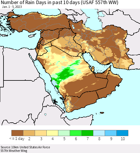 Middle East and Turkey Number of Rain Days in past 10 days (USAF 557th WW) Thematic Map For 1/1/2023 - 1/5/2023