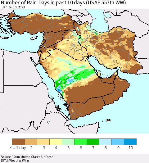 Middle East and Turkey Number of Rain Days in past 10 days (USAF 557th WW) Thematic Map For 1/6/2023 - 1/10/2023