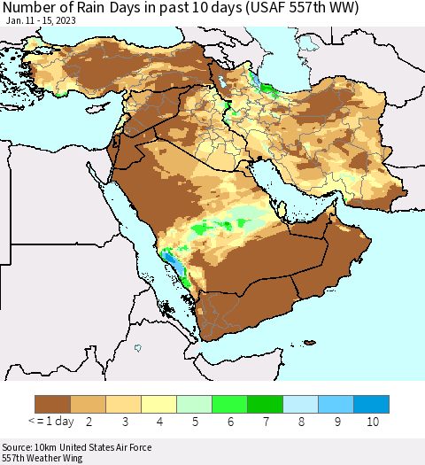 Middle East and Turkey Number of Rain Days in past 10 days (USAF 557th WW) Thematic Map For 1/11/2023 - 1/15/2023