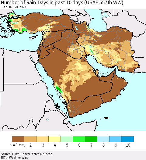 Middle East and Turkey Number of Rain Days in past 10 days (USAF 557th WW) Thematic Map For 1/16/2023 - 1/20/2023