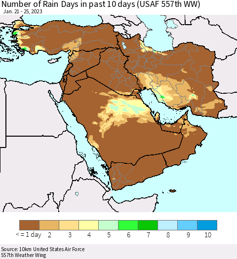 Middle East and Turkey Number of Rain Days in past 10 days (USAF 557th WW) Thematic Map For 1/21/2023 - 1/25/2023