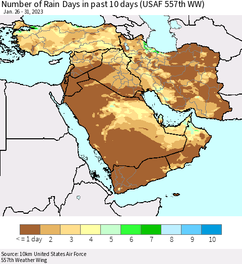 Middle East and Turkey Number of Rain Days in past 10 days (USAF 557th WW) Thematic Map For 1/26/2023 - 1/31/2023