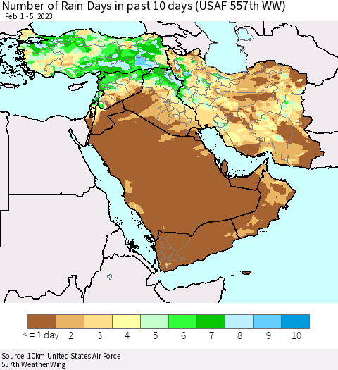 Middle East and Turkey Number of Rain Days in past 10 days (USAF 557th WW) Thematic Map For 2/1/2023 - 2/5/2023