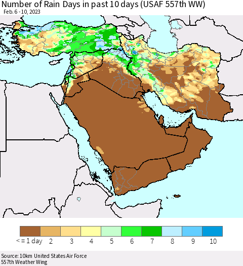Middle East and Turkey Number of Rain Days in past 10 days (USAF 557th WW) Thematic Map For 2/6/2023 - 2/10/2023