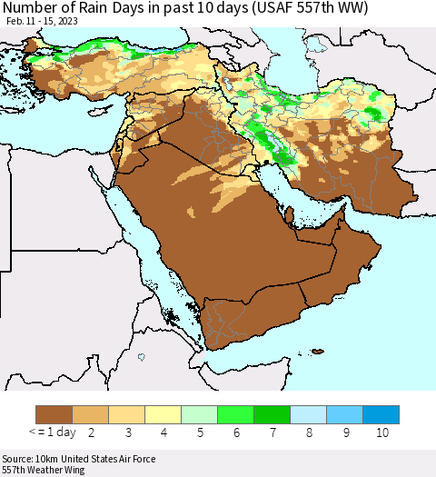 Middle East and Turkey Number of Rain Days in past 10 days (USAF 557th WW) Thematic Map For 2/11/2023 - 2/15/2023