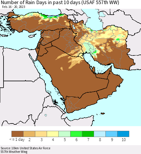 Middle East and Turkey Number of Rain Days in past 10 days (USAF 557th WW) Thematic Map For 2/16/2023 - 2/20/2023