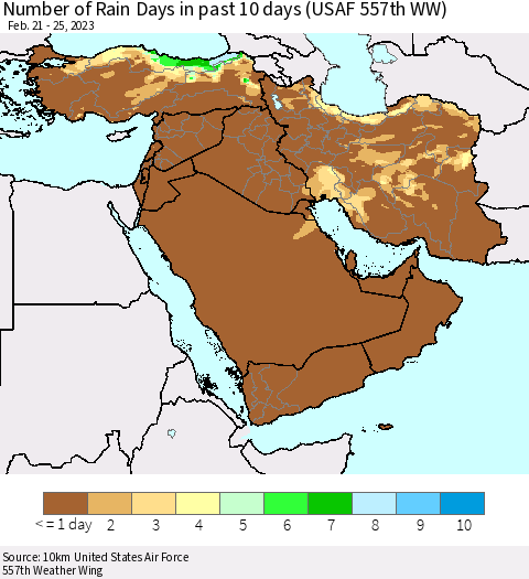 Middle East and Turkey Number of Rain Days in past 10 days (USAF 557th WW) Thematic Map For 2/21/2023 - 2/25/2023