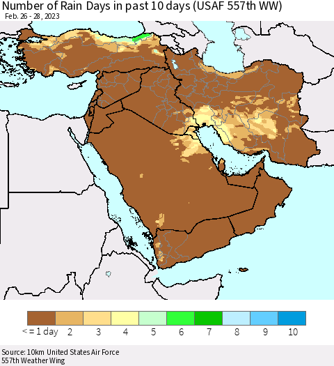 Middle East and Turkey Number of Rain Days in past 10 days (USAF 557th WW) Thematic Map For 2/26/2023 - 2/28/2023