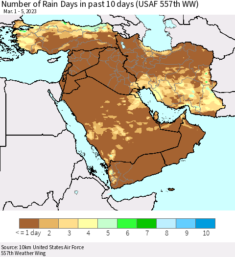 Middle East and Turkey Number of Rain Days in past 10 days (USAF 557th WW) Thematic Map For 3/1/2023 - 3/5/2023