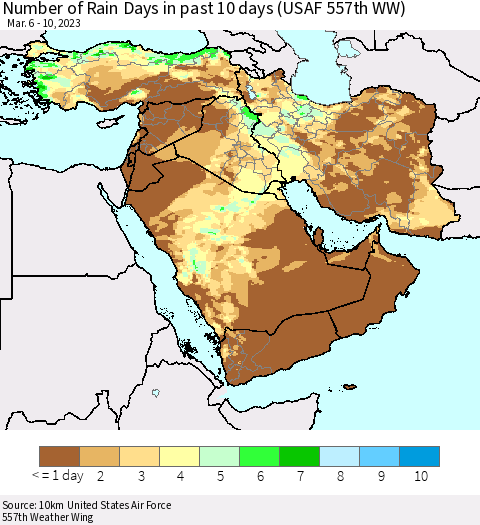 Middle East and Turkey Number of Rain Days in past 10 days (USAF 557th WW) Thematic Map For 3/6/2023 - 3/10/2023