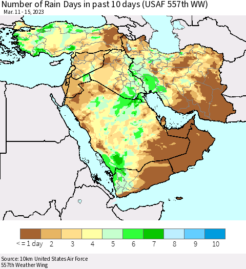 Middle East and Turkey Number of Rain Days in past 10 days (USAF 557th WW) Thematic Map For 3/11/2023 - 3/15/2023