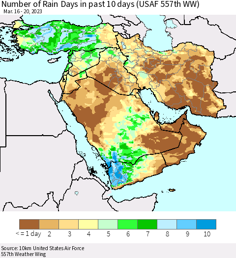 Middle East and Turkey Number of Rain Days in past 10 days (USAF 557th WW) Thematic Map For 3/16/2023 - 3/20/2023