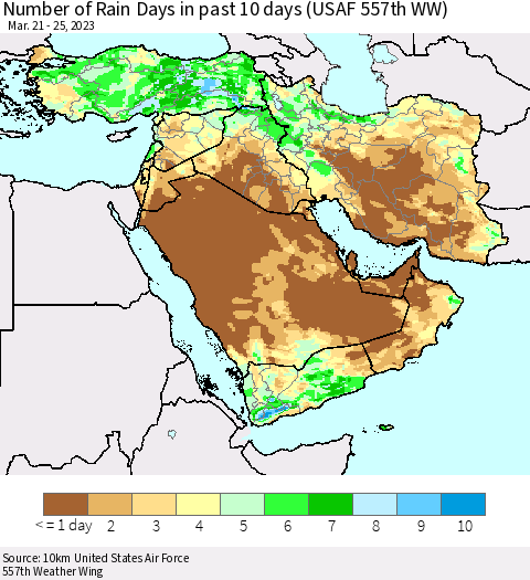 Middle East and Turkey Number of Rain Days in past 10 days (USAF 557th WW) Thematic Map For 3/21/2023 - 3/25/2023