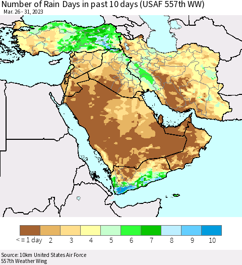 Middle East and Turkey Number of Rain Days in past 10 days (USAF 557th WW) Thematic Map For 3/26/2023 - 3/31/2023