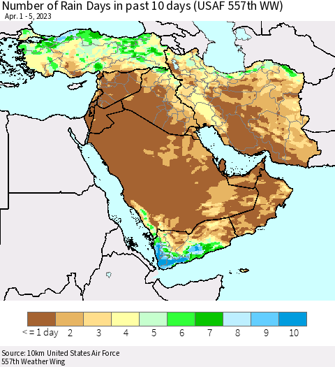 Middle East and Turkey Number of Rain Days in past 10 days (USAF 557th WW) Thematic Map For 4/1/2023 - 4/5/2023