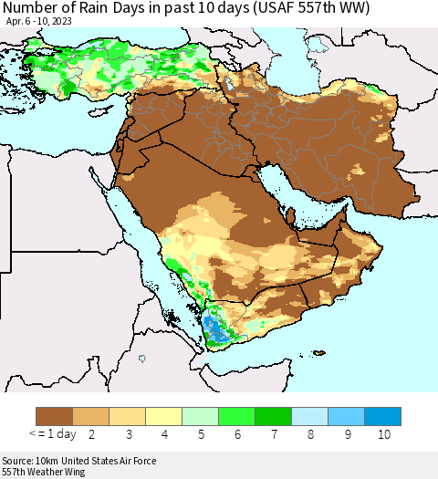 Middle East and Turkey Number of Rain Days in past 10 days (USAF 557th WW) Thematic Map For 4/6/2023 - 4/10/2023