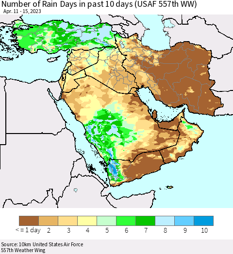 Middle East and Turkey Number of Rain Days in past 10 days (USAF 557th WW) Thematic Map For 4/11/2023 - 4/15/2023