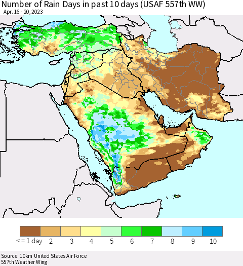 Middle East and Turkey Number of Rain Days in past 10 days (USAF 557th WW) Thematic Map For 4/16/2023 - 4/20/2023