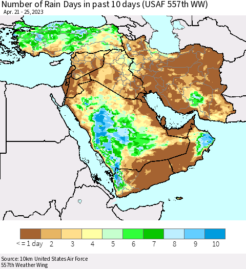Middle East and Turkey Number of Rain Days in past 10 days (USAF 557th WW) Thematic Map For 4/21/2023 - 4/25/2023