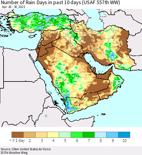 Middle East and Turkey Number of Rain Days in past 10 days (USAF 557th WW) Thematic Map For 4/26/2023 - 4/30/2023