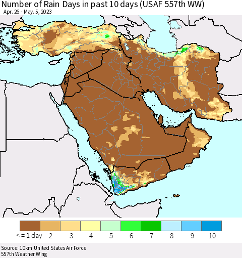 Middle East and Turkey Number of Rain Days in past 10 days (USAF 557th WW) Thematic Map For 5/1/2023 - 5/5/2023