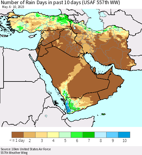Middle East and Turkey Number of Rain Days in past 10 days (USAF 557th WW) Thematic Map For 5/6/2023 - 5/10/2023