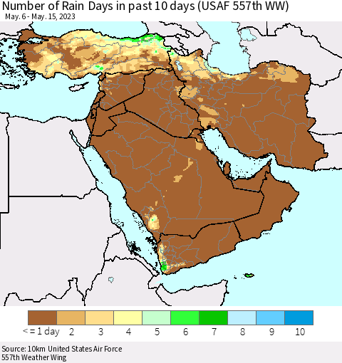 Middle East and Turkey Number of Rain Days in past 10 days (USAF 557th WW) Thematic Map For 5/11/2023 - 5/15/2023