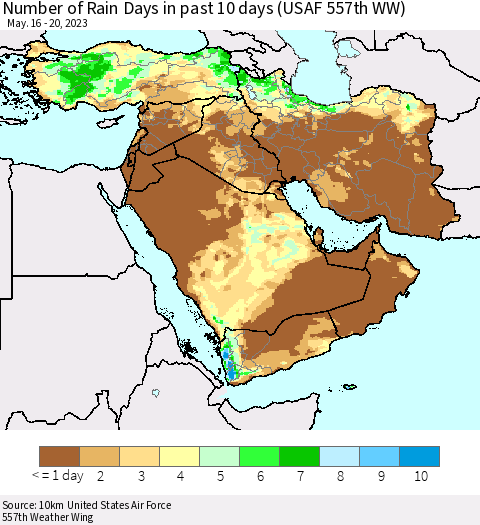 Middle East and Turkey Number of Rain Days in past 10 days (USAF 557th WW) Thematic Map For 5/16/2023 - 5/20/2023