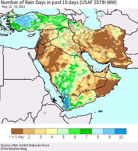 Middle East and Turkey Number of Rain Days in past 10 days (USAF 557th WW) Thematic Map For 5/21/2023 - 5/25/2023