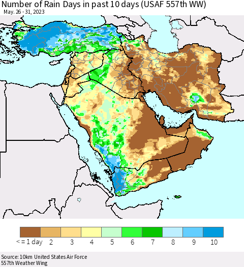 Middle East and Turkey Number of Rain Days in past 10 days (USAF 557th WW) Thematic Map For 5/26/2023 - 5/31/2023