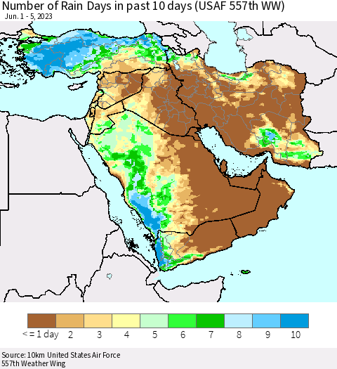 Middle East and Turkey Number of Rain Days in past 10 days (USAF 557th WW) Thematic Map For 6/1/2023 - 6/5/2023