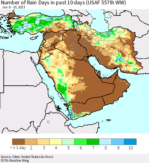Middle East and Turkey Number of Rain Days in past 10 days (USAF 557th WW) Thematic Map For 6/6/2023 - 6/10/2023