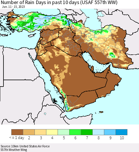 Middle East and Turkey Number of Rain Days in past 10 days (USAF 557th WW) Thematic Map For 6/11/2023 - 6/15/2023