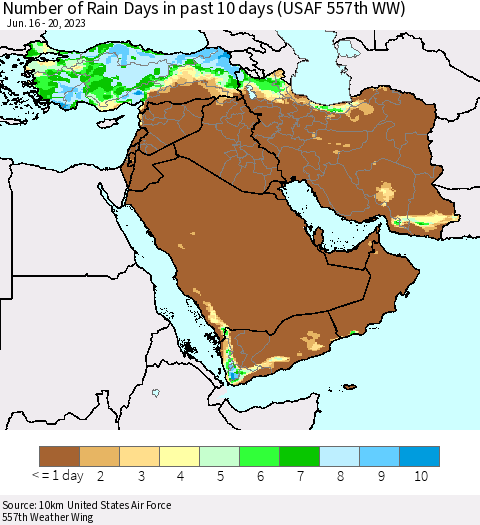 Middle East and Turkey Number of Rain Days in past 10 days (USAF 557th WW) Thematic Map For 6/16/2023 - 6/20/2023