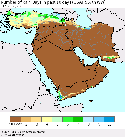 Middle East and Turkey Number of Rain Days in past 10 days (USAF 557th WW) Thematic Map For 6/21/2023 - 6/25/2023