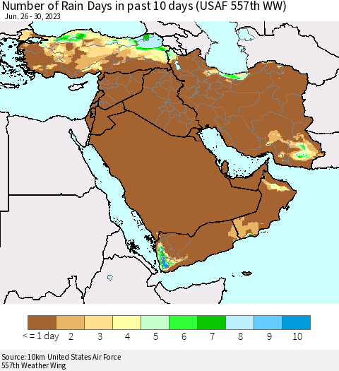 Middle East and Turkey Number of Rain Days in past 10 days (USAF 557th WW) Thematic Map For 6/26/2023 - 6/30/2023