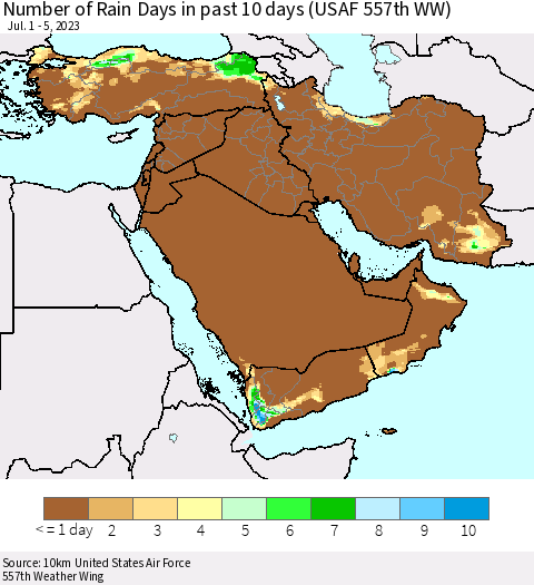 Middle East and Turkey Number of Rain Days in past 10 days (USAF 557th WW) Thematic Map For 7/1/2023 - 7/5/2023