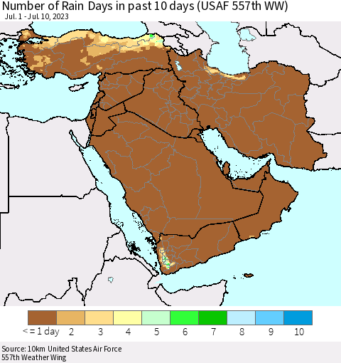 Middle East and Turkey Number of Rain Days in past 10 days (USAF 557th WW) Thematic Map For 7/6/2023 - 7/10/2023