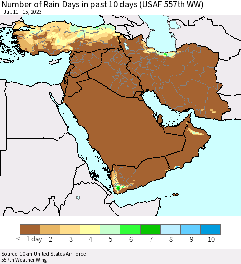 Middle East and Turkey Number of Rain Days in past 10 days (USAF 557th WW) Thematic Map For 7/11/2023 - 7/15/2023