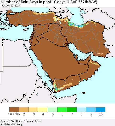 Middle East and Turkey Number of Rain Days in past 10 days (USAF 557th WW) Thematic Map For 7/16/2023 - 7/20/2023