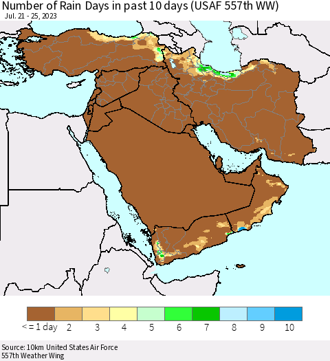 Middle East and Turkey Number of Rain Days in past 10 days (USAF 557th WW) Thematic Map For 7/21/2023 - 7/25/2023