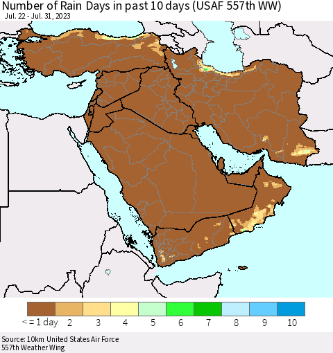 Middle East and Turkey Number of Rain Days in past 10 days (USAF 557th WW) Thematic Map For 7/26/2023 - 7/31/2023