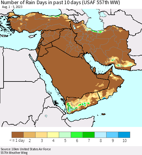 Middle East and Turkey Number of Rain Days in past 10 days (USAF 557th WW) Thematic Map For 8/1/2023 - 8/5/2023