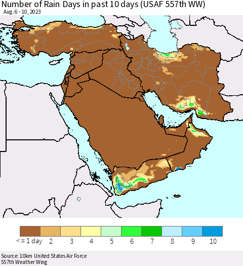 Middle East and Turkey Number of Rain Days in past 10 days (USAF 557th WW) Thematic Map For 8/6/2023 - 8/10/2023