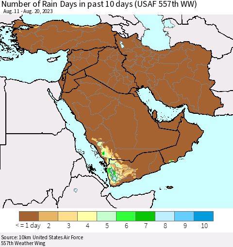 Middle East and Turkey Number of Rain Days in past 10 days (USAF 557th WW) Thematic Map For 8/16/2023 - 8/20/2023