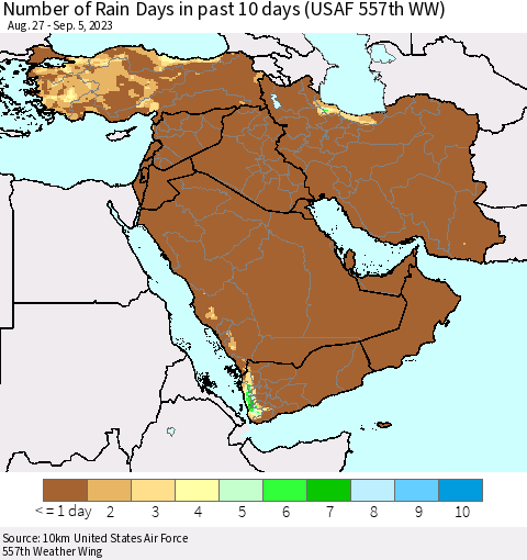 Middle East and Turkey Number of Rain Days in past 10 days (USAF 557th WW) Thematic Map For 9/1/2023 - 9/5/2023