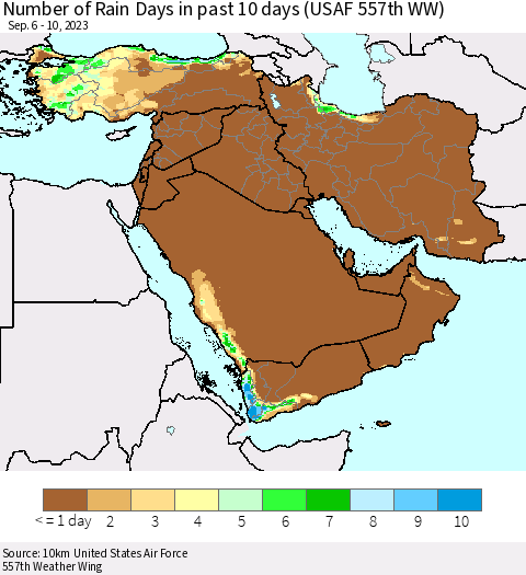 Middle East and Turkey Number of Rain Days in past 10 days (USAF 557th WW) Thematic Map For 9/6/2023 - 9/10/2023
